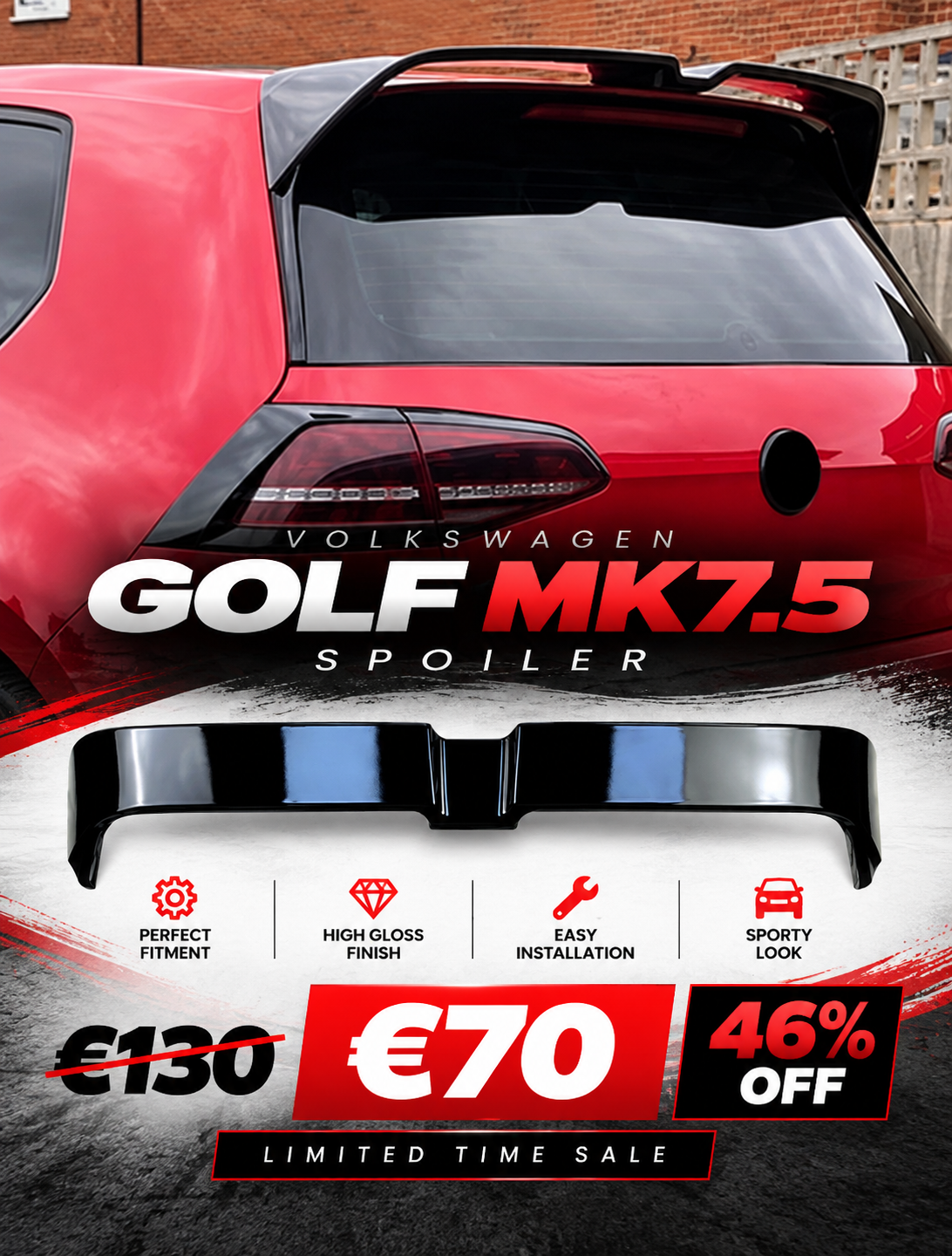 Volkswagen Golf MK7.5 Spoiler — €130 reduced to €70, 46% off
